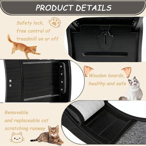 Cat Exercise Wheel - 35.4 Inch Wooden Low Noise Cat Treadmill for Indoor Cats, Detachable Carpet & Enhanced Base for Fitness, Weight Loss Size M Black in Kuwait