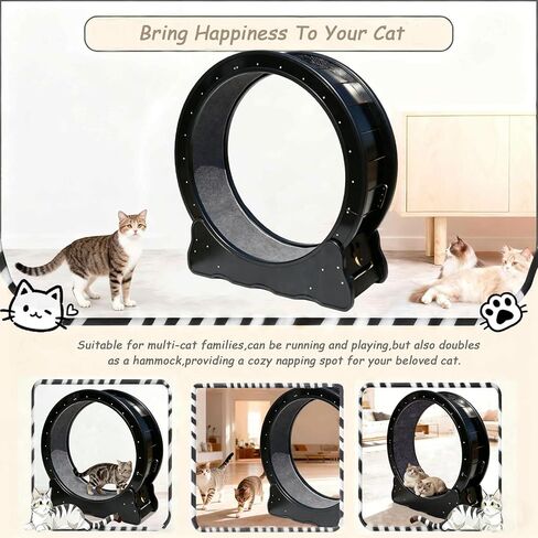 Cat Exercise Wheel - 35.4 Inch Wooden Low Noise Cat Treadmill for Indoor Cats, Detachable Carpet & Enhanced Base for Fitness, Weight Loss Size M Black in Kuwait