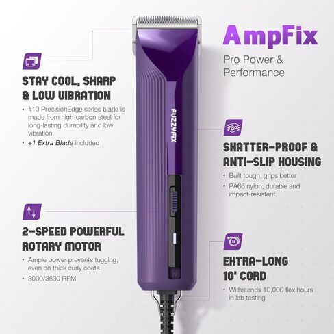 ماكينة حلاقة احترافية للكلاب/الحيوانات الأليفة من AmpFix - محرك عالي التحمل بسرعتين، شفرتين قابلتين للفصل و8 أمشاط معدنية، سلك بطول 10 أقدام، يعمل بشكل بارد وهادئ، غطاء مضاد للانزلاق ومقاوم للكسر لجميع معاطف الحيوانات in Kuwait