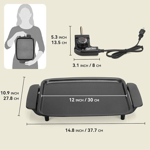 AshGlen Small Electric Griddle Nonstick, Griddle Pan Electric, Parrilla Eléctrica Para Cocinar, 12-Inch Ceramic Coating Pancake Griddle Electric, Indoor Griddle Grill Electric, PFOA Free, Graphite in Kuwait
