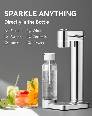 MOKKOM Sparkling Water Maker, Soda Maker with 1L PET Carbonating Bottle, Soda Streaming Machine and Beverage Carbonator, Compatible with 60L CO2 Carbonator (NOT Included) - Stainless Steel in Kuwait