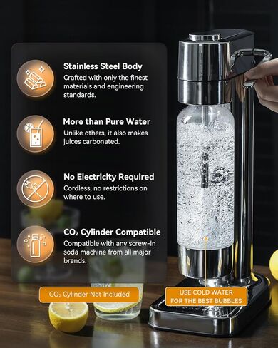 MOKKOM Sparkling Water Maker, Soda Maker with 1L PET Carbonating Bottle, Soda Streaming Machine and Beverage Carbonator, Compatible with 60L CO2 Carbonator (NOT Included) - Stainless Steel in Kuwait