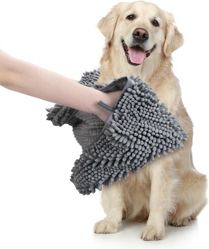 WOUSEDO Quick Dry Shammy Dog Towel, Super Absorbent Microfiber & Chenille Pet Bath Towel for Dogs, Extra Large 13.8 x 31.5 Inches, Wash Grooming Towels for Small to Large Pets (1- Pack Grey) in Kuwait