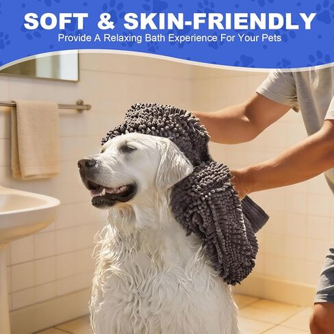 WOUSEDO Quick Dry Shammy Dog Towel, Super Absorbent Microfiber & Chenille Pet Bath Towel for Dogs, Extra Large 13.8 x 31.5 Inches, Wash Grooming Towels for Small to Large Pets (1- Pack Grey) in Kuwait