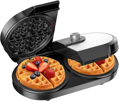 Double Waffle Maker, 6.5" Belgian Waffle Maker with 2 Independent Adjustable Temp Knobs, 1200W Waffle Iron with Nonstick Plates for Breakfast and Snacks, Easy to Clean, Stainless Steel, Black in Kuwait