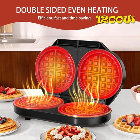Double Waffle Maker, 6.5" Belgian Waffle Maker with 2 Independent Adjustable Temp Knobs, 1200W Waffle Iron with Nonstick Plates for Breakfast and Snacks, Easy to Clean, Stainless Steel, Black in Kuwait