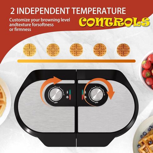 Double Waffle Maker, 6.5" Belgian Waffle Maker with 2 Independent Adjustable Temp Knobs, 1200W Waffle Iron with Nonstick Plates for Breakfast and Snacks, Easy to Clean, Stainless Steel, Black in Kuwait