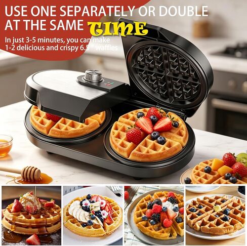 Double Waffle Maker, 6.5" Belgian Waffle Maker with 2 Independent Adjustable Temp Knobs, 1200W Waffle Iron with Nonstick Plates for Breakfast and Snacks, Easy to Clean, Stainless Steel, Black in Kuwait