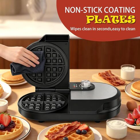 Double Waffle Maker, 6.5" Belgian Waffle Maker with 2 Independent Adjustable Temp Knobs, 1200W Waffle Iron with Nonstick Plates for Breakfast and Snacks, Easy to Clean, Stainless Steel, Black in Kuwait