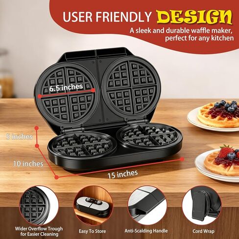 Double Waffle Maker, 6.5" Belgian Waffle Maker with 2 Independent Adjustable Temp Knobs, 1200W Waffle Iron with Nonstick Plates for Breakfast and Snacks, Easy to Clean, Stainless Steel, Black in Kuwait