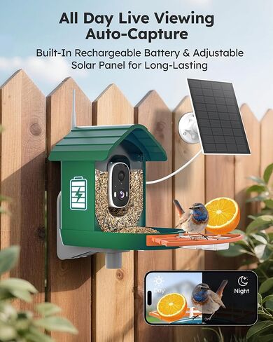 Smart Bird Feeder with Camera Solar Powered for Outdoors 2K FHD AI Recognition Hanging Bird Feeder Camera for Outside Backyard Garden, Gifts for Birdlover Mom Dad Kid (Dark Green and Orange) in Kuwait