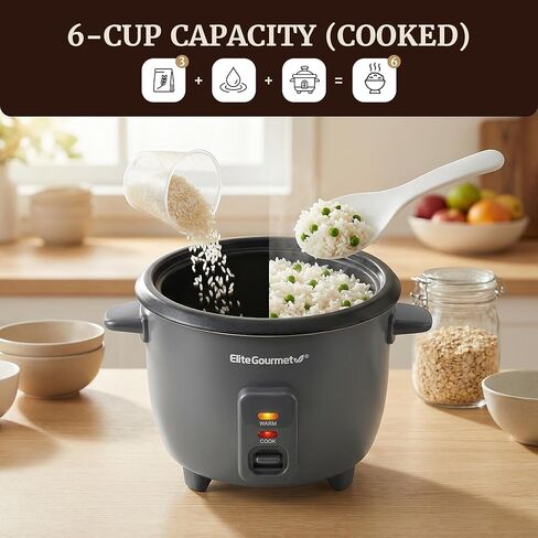 جهاز طهي الأرز السيراميكي Elite Gourmet ERC6GC سعة 6 أكواب، وعاء داخلي غير لاصق من Ceralast™ خالٍ من PFAS، يحافظ على الدفء التلقائي، غطاء من الزجاج المقسى، طهي بلمسة واحدة، كوب قياس وملعقة خالية من BPA، رمادي داكن in Kuwait