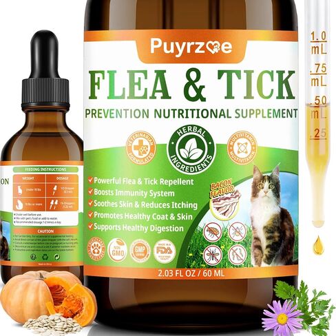 علاج برغوث القطط من Puyrzoe، علاج طبيعي للبراغيث عن طريق الفم والوقاية من القراد لقطرات القطط مع بذور اليقطين والإشنسا وأوميجا 3/6/9 - يدعم المناعة والبشرة الصحية والفرو والهضم والصحة العامة، 60 مل in Kuwait