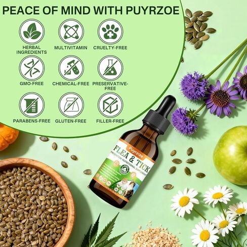 علاج برغوث القطط من Puyrzoe، علاج طبيعي للبراغيث عن طريق الفم والوقاية من القراد لقطرات القطط مع بذور اليقطين والإشنسا وأوميجا 3/6/9 - يدعم المناعة والبشرة الصحية والفرو والهضم والصحة العامة، 60 مل in Kuwait