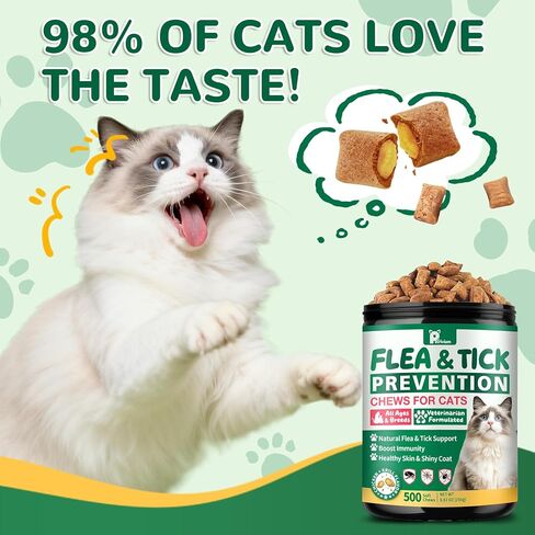 Flea and Tick Prevention for Cats, 500 Cat Flea Treatment, Natural Oral Flea Treatment for Cаts with Vitamins - Supports Skin & Coat, Digestive Health for All Breeds & Ages, Chicken Flavor in Kuwait