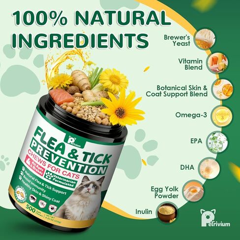 Flea and Tick Prevention for Cats, 500 Cat Flea Treatment, Natural Oral Flea Treatment for Cаts with Vitamins - Supports Skin & Coat, Digestive Health for All Breeds & Ages, Chicken Flavor in Kuwait