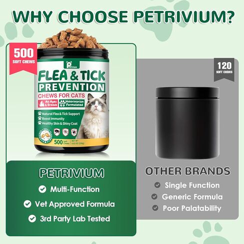 Flea and Tick Prevention for Cats, 500 Cat Flea Treatment, Natural Oral Flea Treatment for Cаts with Vitamins - Supports Skin & Coat, Digestive Health for All Breeds & Ages, Chicken Flavor in Kuwait