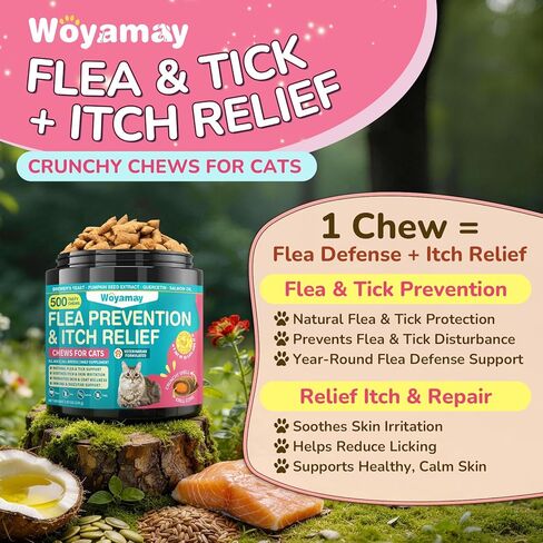Woyamay Flea Treatment for Cats & Itch Relief Chews, 500 Crunchy Cat Flea Treatment Chews, Cat Itchy Skin Relief, Cat Itching Relief & Skin Care, Flea Prevention for Cats, Chicken Flavor in Kuwait