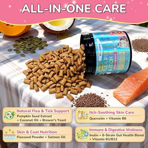 Woyamay Flea Treatment for Cats & Itch Relief Chews, 500 Crunchy Cat Flea Treatment Chews, Cat Itchy Skin Relief, Cat Itching Relief & Skin Care, Flea Prevention for Cats, Chicken Flavor in Kuwait