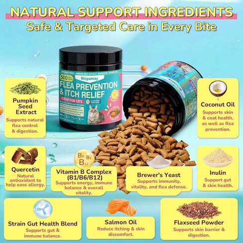 Woyamay Flea Treatment for Cats & Itch Relief Chews, 500 Crunchy Cat Flea Treatment Chews, Cat Itchy Skin Relief, Cat Itching Relief & Skin Care, Flea Prevention for Cats, Chicken Flavor in Kuwait