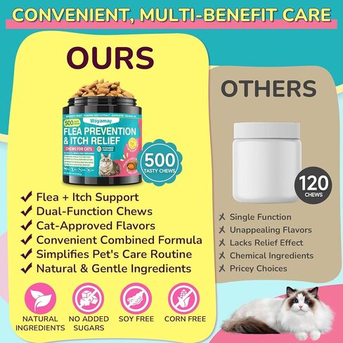 Woyamay Flea Treatment for Cats & Itch Relief Chews, 500 Crunchy Cat Flea Treatment Chews, Cat Itchy Skin Relief, Cat Itching Relief & Skin Care, Flea Prevention for Cats, Chicken Flavor in Kuwait