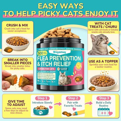 Woyamay Flea Treatment for Cats & Itch Relief Chews, 500 Crunchy Cat Flea Treatment Chews, Cat Itchy Skin Relief, Cat Itching Relief & Skin Care, Flea Prevention for Cats, Chicken Flavor in Kuwait