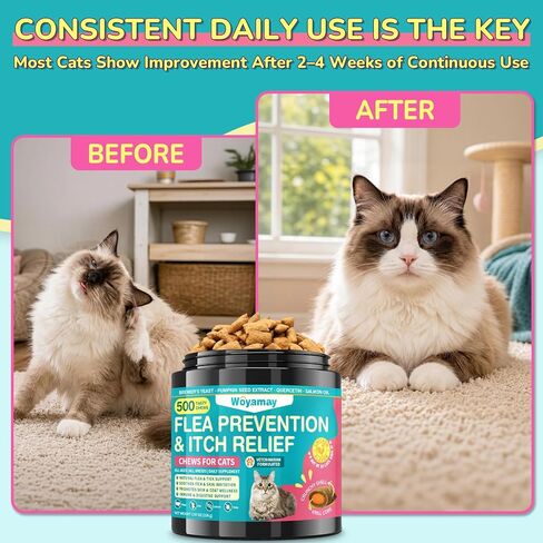 Woyamay Flea Treatment for Cats & Itch Relief Chews, 500 Crunchy Cat Flea Treatment Chews, Cat Itchy Skin Relief, Cat Itching Relief & Skin Care, Flea Prevention for Cats, Chicken Flavor in Kuwait