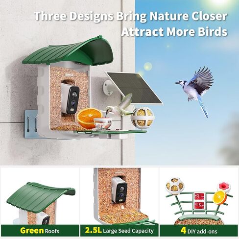 Bird Feeder with Camera, HD Birdwatching Camera with 1 Year Trial AI Identify, 4 DIY Add-ons, Smart Birds Cam with Solar Panel for Outdoor, Auto Record Videos, Gift for Bird Lover in Saudi Arabia