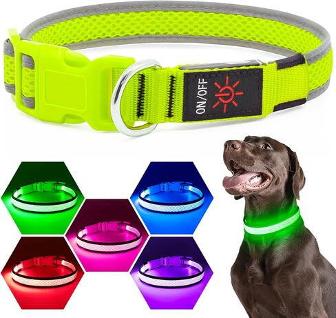 Flashseen LED Dog Collar, Light Up Dog Collar USB Rechargeable, Brightest Dog Lights for Night Walking, Adjustable Dog Collar Light for Dog Safety (Green, Large) in Kuwait