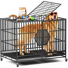 CAMMOO 48'' Heavy Duty Dog Crates for Large Dogs – Reinforced Square Tube Frame, Chew-Proof Dual Top Fences, Dog Kennel Indoor, Comfort & Easy-Clean Split Floor, Dog Cage with Extra-Wide Door in Kuwait