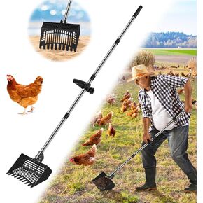 Chicken Poop Scooper & Rake, 2-in- Metal Litter Scoop Sand Sifting Shovel with 28" to 55" Adjustable Stainless Steel Handle for Chicken Coop Accessories/Supplies, Farm, Sheep Pen, Cat Litter, Black in Kuwait