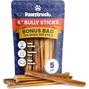 Pawstruck Bully Sticks for Dogs 6"" Long Lasting Rawhide Free Dental Chews Single Ingredient 100% Real Beef Pizzle Dog Treats 5-Pack Bonus Bag Low Odor Premium Quality in Saudi Arabia