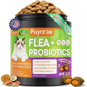 Puyrzoe منع البراغيث والقراد الطبيعي للقطط، تخفيف الحكة، دعم الجلد والمعطف، 500 مضغ مع 6 سلالات بروبيوتيك، صحة الأمعاء والمناعة، علاج البراغيث للقطط، نكهة الدجاج، جميع السلالات والأعمار in Kuwait