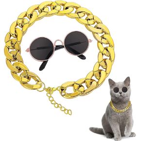 Molain Cat Sunglasses Gold Chain Costume Decorations- Cat UV Protection Classic Retro Puppy Retro Black Sunglasses Faux Gold Adjustable Chain Cosplay Costume Cool Funny Photo Props in Saudi Arabia