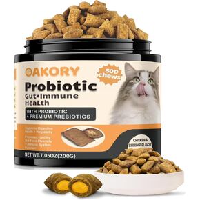 Cat Probiotics Tasty Chews –500 Chews Crunchy & Creamy Texture, with Fish Oil Omega-3 Skin & Coat Health Digestive & Gut Support, Constipation Relief, Healthy Stool, Chicken Flavor with Cheese Center in Kuwait