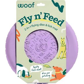 WOOF Fly n 'Feed - قرص طائر وحصيرة لعق للكلاب - مطاط متين صديق للأسنان - لعبة تفاعلية للكلاب للجلب وتوزيع الحلوى والإثراء - لافندر in Kuwait