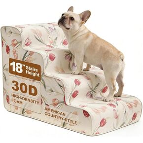 Dog Stairs for Bed & Couch 18" H, 4-Step Extra Long Dog Steps for Bed with 30D Foam, Country Style Pet Stairs for Small Dogs and Older Cats, Beige in Saudi Arabia