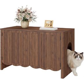 HOOBRO Cat Litter Box Enclosure, 31.5" Hidden Litter Box Furniture with Wavy Panels & Side Entry, Push-to-Open Doors, Litter Box Cabinet, Living Room End Side Table, Walnut WL27MW01 in Kuwait