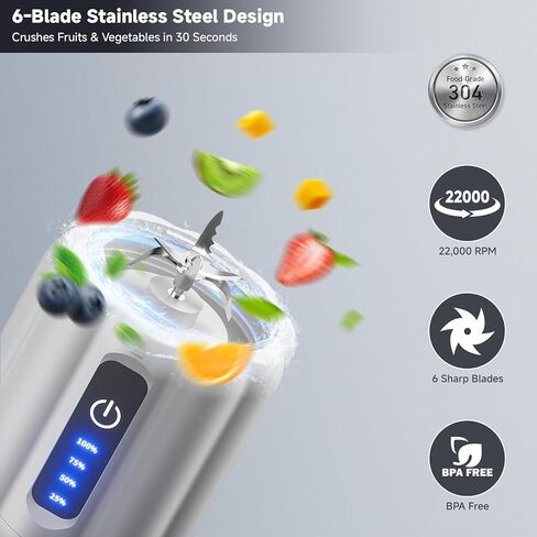 Portable Blender, Personal Blender for Smoothies and Shakes, Small Juice Mixer with LED Display, USB C Rechargeable Shake Maker with 6 Blades for Kitchen, Outdoor, Gym, 17 Oz, White in Kuwait