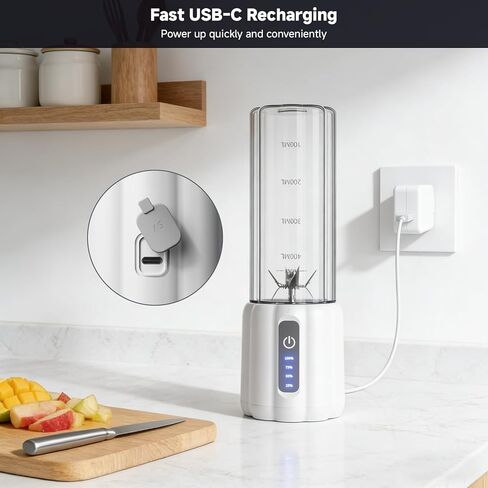 Portable Blender, Personal Blender for Smoothies and Shakes, Small Juice Mixer with LED Display, USB C Rechargeable Shake Maker with 6 Blades for Kitchen, Outdoor, Gym, 17 Oz, White in Kuwait
