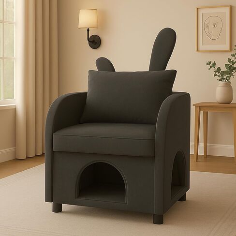 Dark Gray Bunny-Ear Pet-Friendly Armchair with Scratch-Resistant Fabric, Triple-Entry Pet Hideaway Openings, Dual-Use Sofa Chair, 27.4 x 25.2 x 37.4 inch in Kuwait