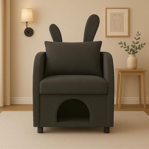 Dark Gray Bunny-Ear Pet-Friendly Armchair with Scratch-Resistant Fabric, Triple-Entry Pet Hideaway Openings, Dual-Use Sofa Chair, 27.4 x 25.2 x 37.4 inch in Kuwait