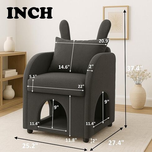 Dark Gray Bunny-Ear Pet-Friendly Armchair with Scratch-Resistant Fabric, Triple-Entry Pet Hideaway Openings, Dual-Use Sofa Chair, 27.4 x 25.2 x 37.4 inch in Kuwait