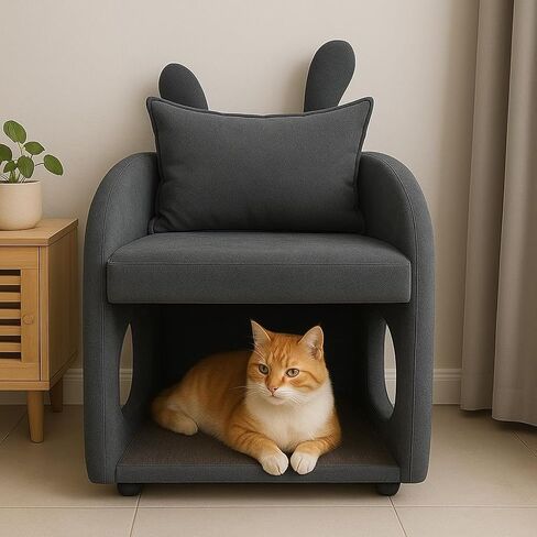 Dark Gray Bunny-Ear Pet-Friendly Armchair with Scratch-Resistant Fabric, Triple-Entry Pet Hideaway Openings, Dual-Use Sofa Chair, 27.4 x 25.2 x 37.4 inch in Kuwait