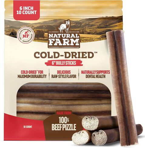 أعواد الفتوة من Natural Farm Cold-Dried™ مقاس 6 بوصات (10 قطع) - خالية من الرائحة، ومضغ عالي البروتين للكلاب - 100% بيتزا لحم بقر، مكون واحد. in Kuwait