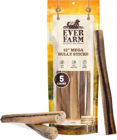 MEGA Bully Sticks (12 Inch, 5 Count) Extra-Thick Dog Treats – Fully Digestible 100% Beef Treats, Natural Dental Chews – Keep Your Dog Busy with 50% Longer Lasting Chews in Kuwait