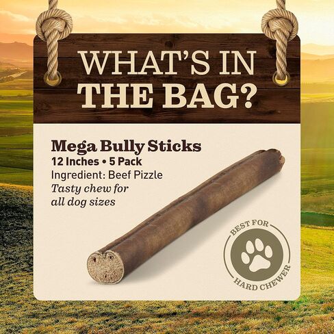 MEGA Bully Sticks (12 Inch, 5 Count) Extra-Thick Dog Treats – Fully Digestible 100% Beef Treats, Natural Dental Chews – Keep Your Dog Busy with 50% Longer Lasting Chews in Kuwait