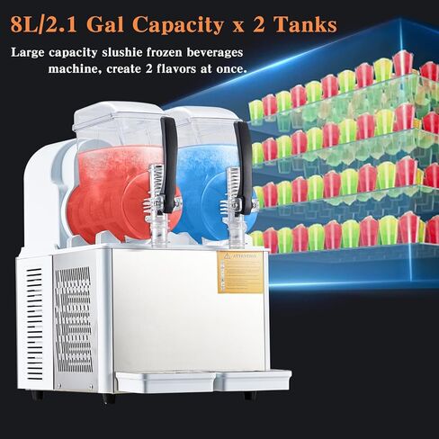 High-Speed Dual Tank Slushie Machine, 4L x 2, Stainless Steel, Self-Cleaning, For Frozen Drinks, Bars, Restaurants, Home – 370W, Carbon Steel Handle, White, Actual Total 7.2L in Kuwait