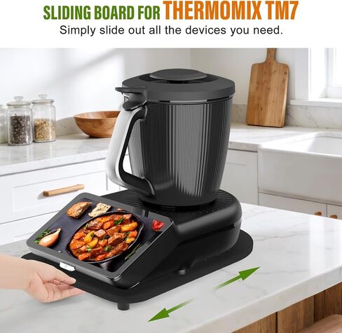 منزلق الخيزران لـ Thermomix TM7 | لوح دوار للكونترتوب بعجلات مطاطية، خالي من الضوضاء | صينية لف بأقدام غير قابلة للانزلاق وأخاديد آمنة | ملحقات TM7 لحماية الميزان الحساس باللون الأسود in Kuwait