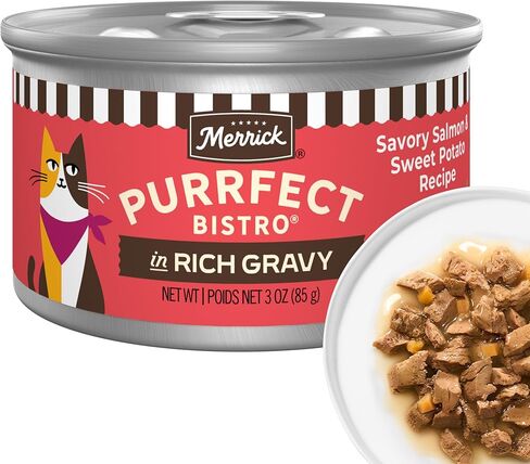 Merrick Purrfect Bistro، سمك السلمون اللذيذ والبطاطا الحلوة، وصفة للبالغين، طعام القطط الرطب الطبيعي في المرق، مكونات لذيذة ممتازة، طعام القطط عالي البروتين - (عبوة من 24 قطعة) 3 أونصة. علب in Kuwait